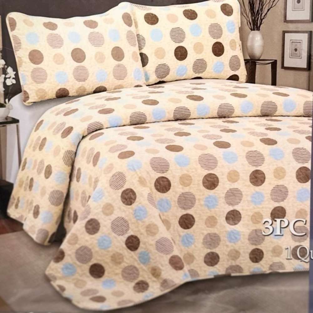 Hotel at home King 3pc Quilt set Dot with Stripes Brown and blue